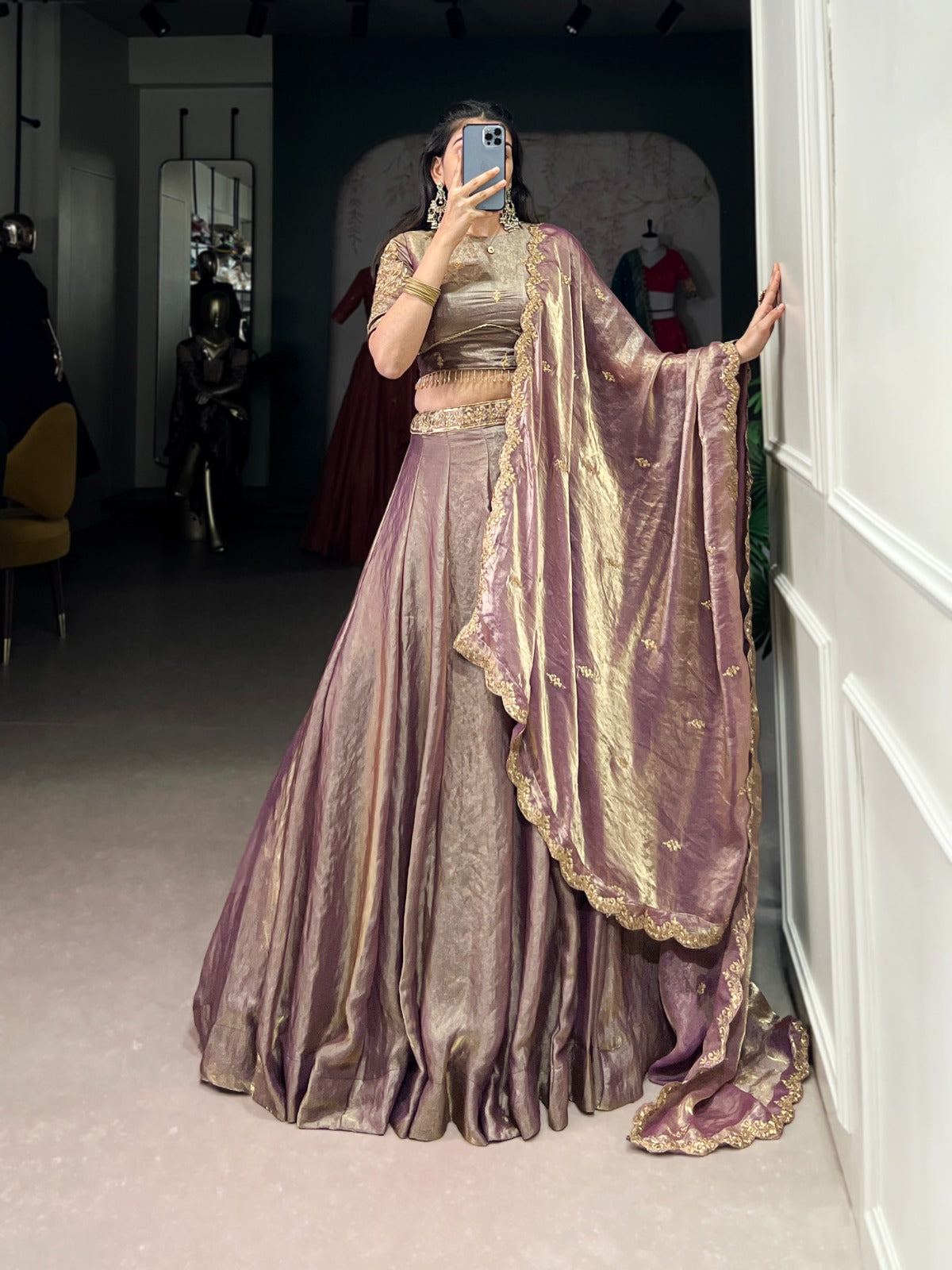Pastel Fendi Silk Lehenga Choli with Sequins Embroidery & Lace Work | 5 Meter Flair