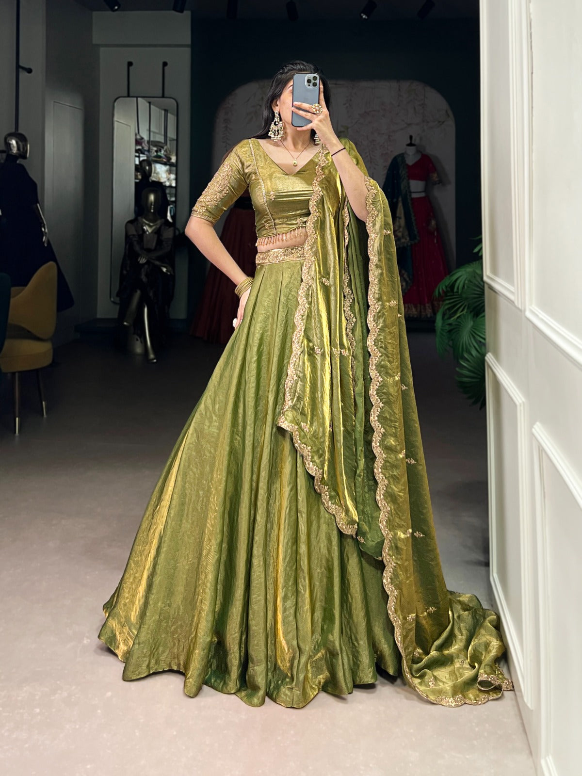 Pastel Fendi Silk Lehenga Choli with Sequins Embroidery & Lace Work | 5 Meter Flair