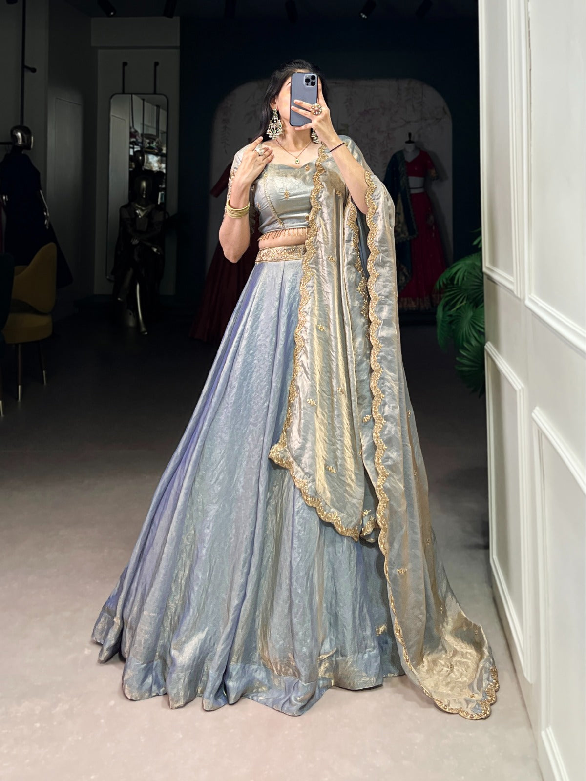 Pastel Fendi Silk Lehenga Choli with Sequins Embroidery & Lace Work | 5 Meter Flair