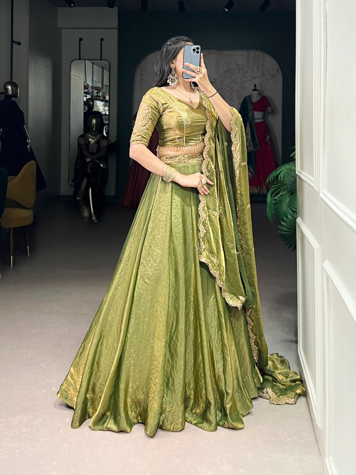 Pastel Fendi Silk Lehenga Choli with Sequins Embroidery & Lace Work | 5 Meter Flair
