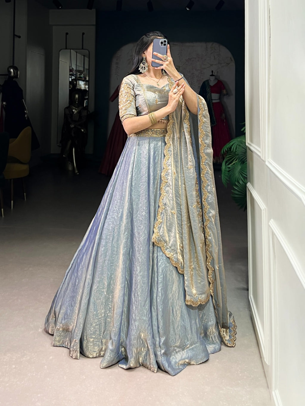 Pastel Fendi Silk Lehenga Choli with Sequins Embroidery & Lace Work | 5 Meter Flair