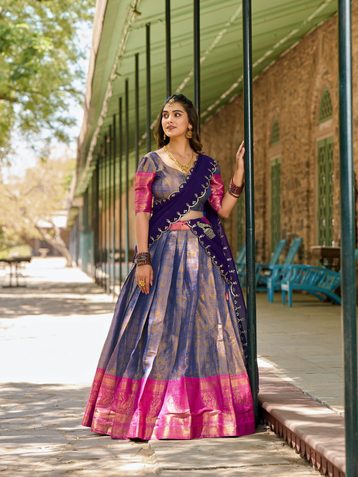 Kanjivaram Silk Half Saree with Zari Weaving & Embroidered Dupatta | Traditional Festive Wear