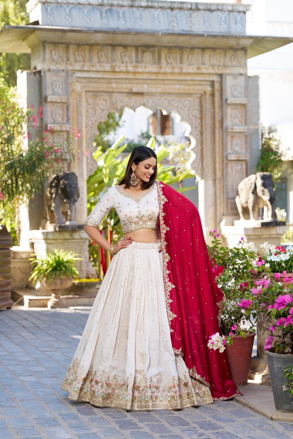 White Vichitra Silk Bridesmaid Lehenga Choli with Sequins & Thread Embroidery