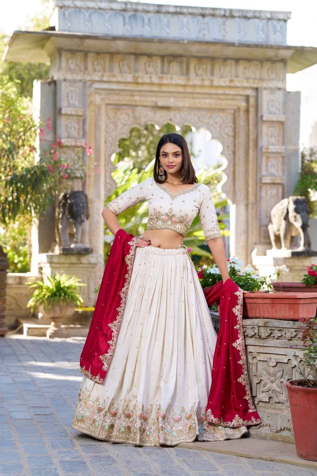 White Vichitra Silk Bridesmaid Lehenga Choli with Sequins & Thread Embroidery