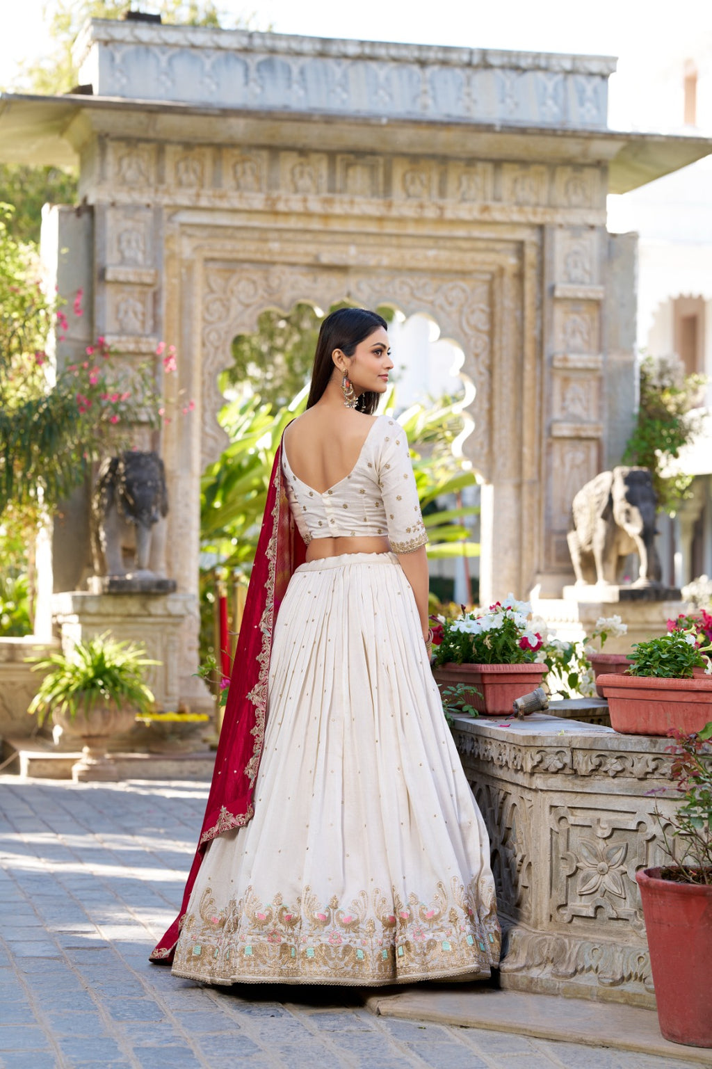 White Vichitra Silk Bridesmaid Lehenga Choli with Sequins & Thread Embroidery