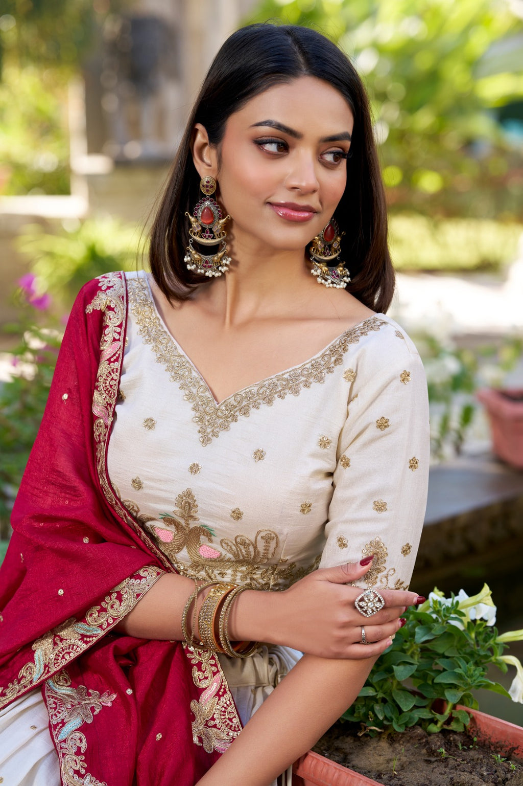 White Vichitra Silk Bridesmaid Lehenga Choli with Sequins & Thread Embroidery