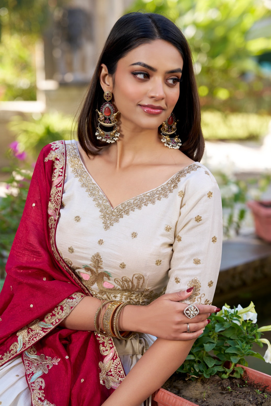 White Vichitra Silk Bridesmaid Lehenga Choli with Sequins & Thread Embroidery
