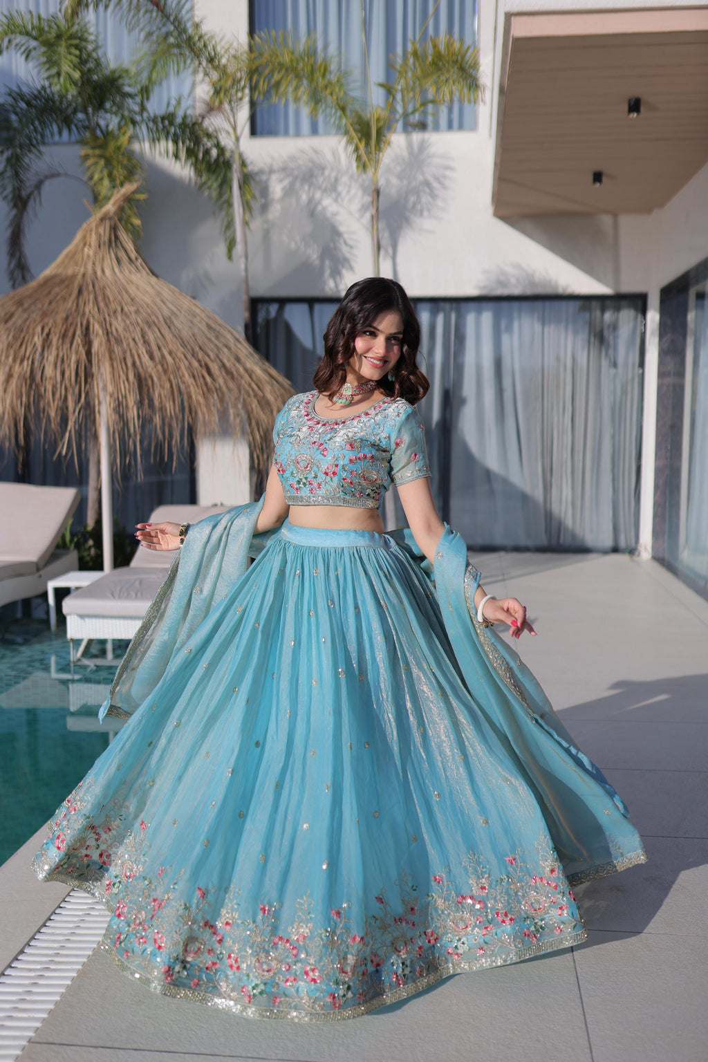 Fendi Silk Lehenga Choli Dupatta Set with Multi Thread Embroidery | Sky Blue & Pista Green