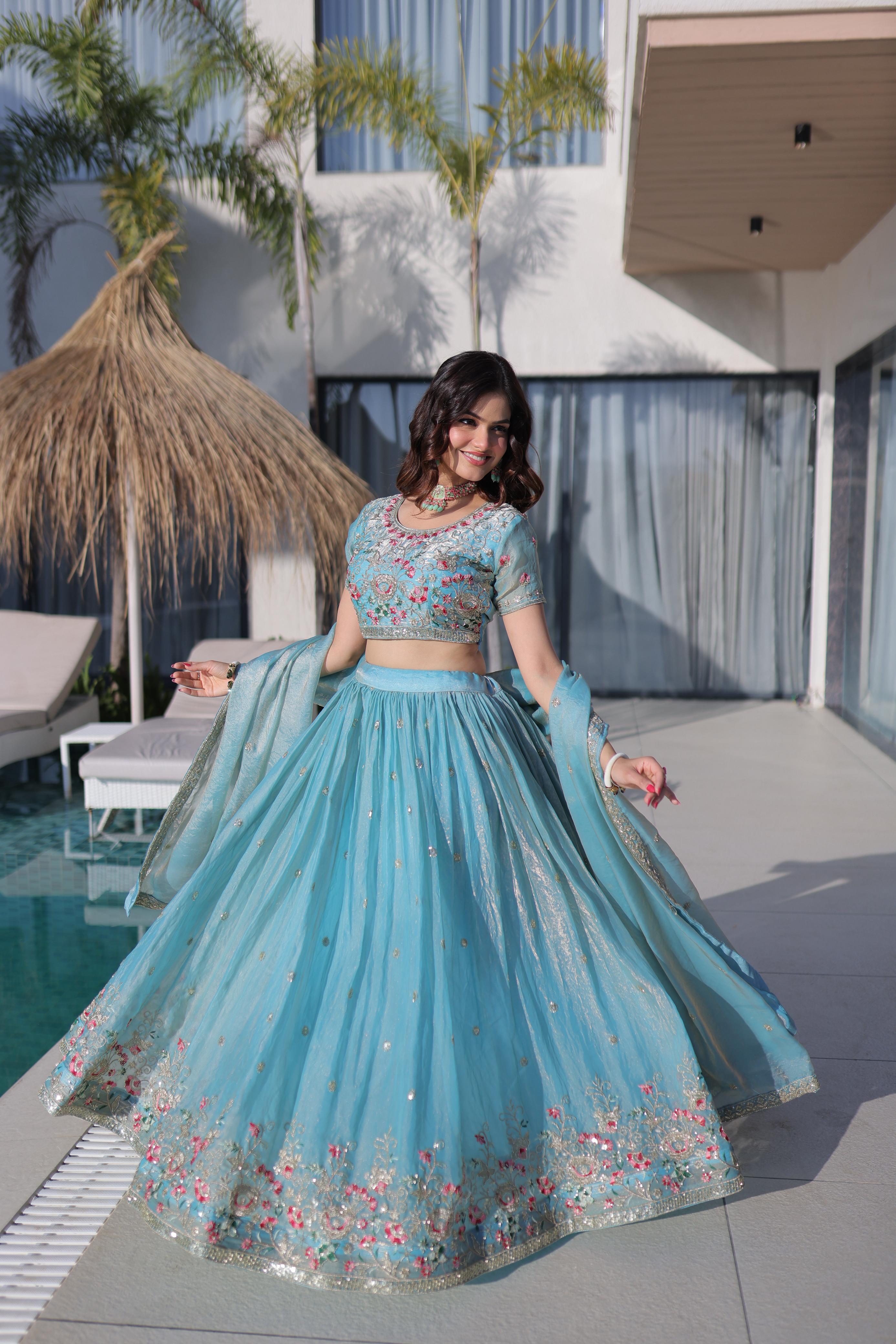 Fendi Silk Lehenga Choli Dupatta Set with Multi Thread Embroidery | Sky Blue & Pista Green