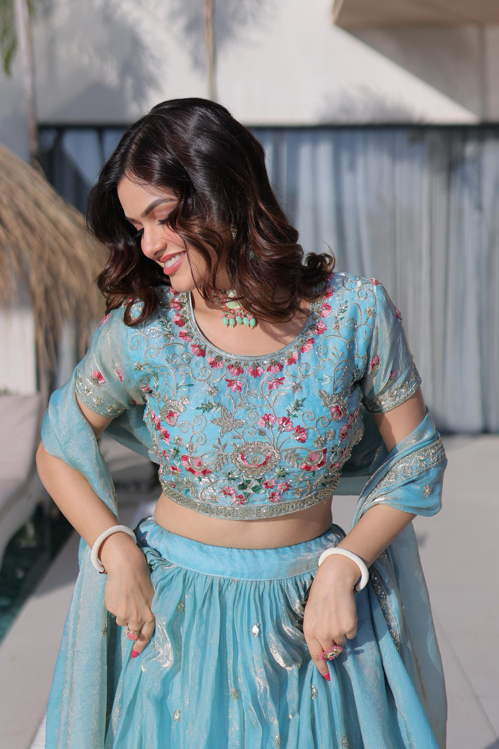 Fendi Silk Lehenga Choli Dupatta Set with Multi Thread Embroidery | Sky Blue & Pista Green