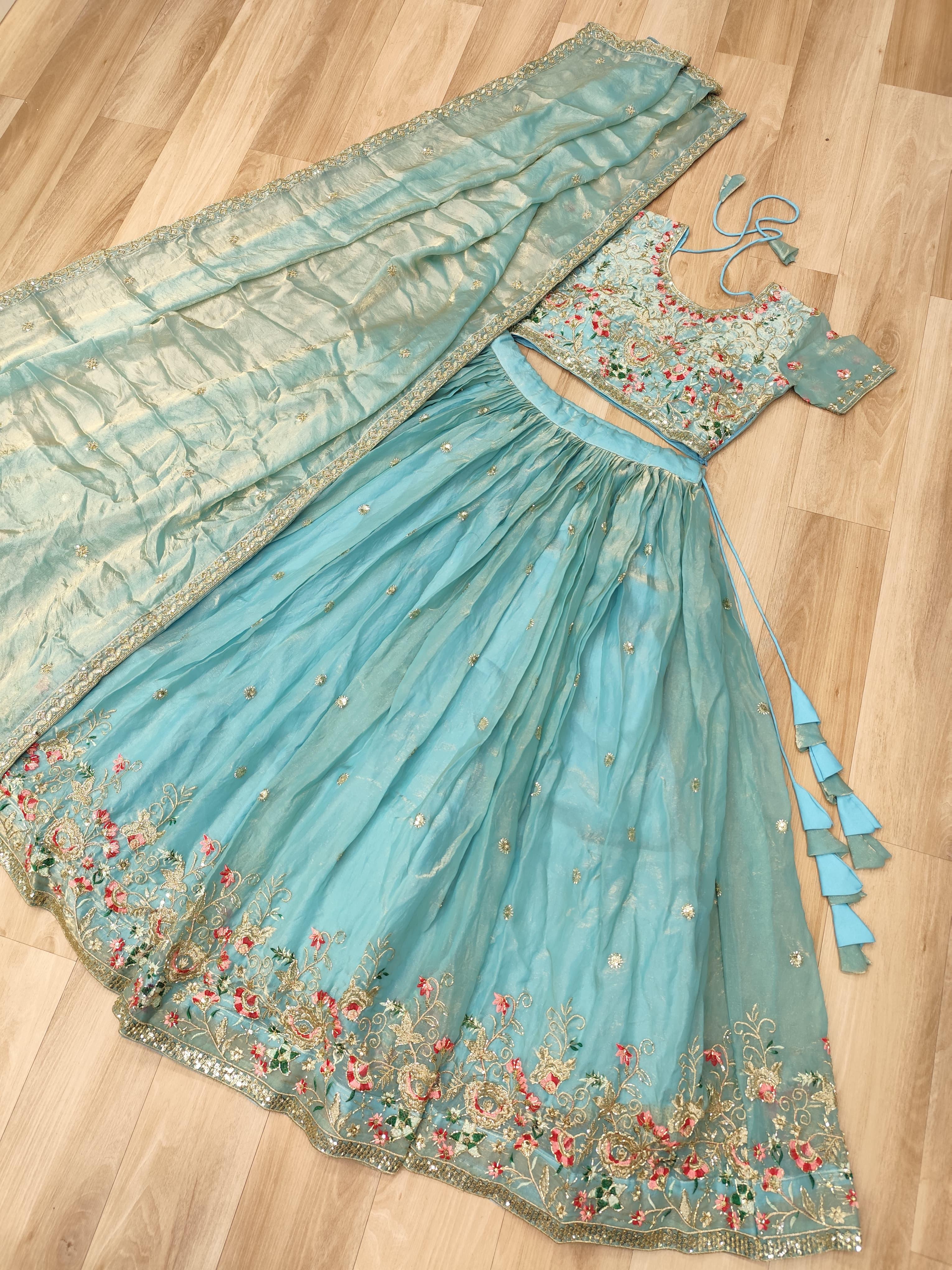 Fendi Silk Lehenga Choli Dupatta Set with Multi Thread Embroidery | Sky Blue & Pista Green
