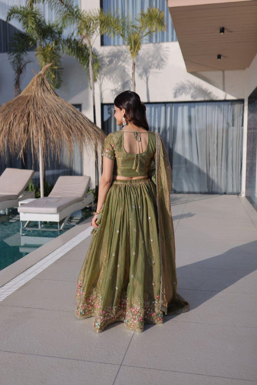 Fendi Silk Lehenga Choli Dupatta Set with Multi Thread Embroidery | Sky Blue & Pista Green