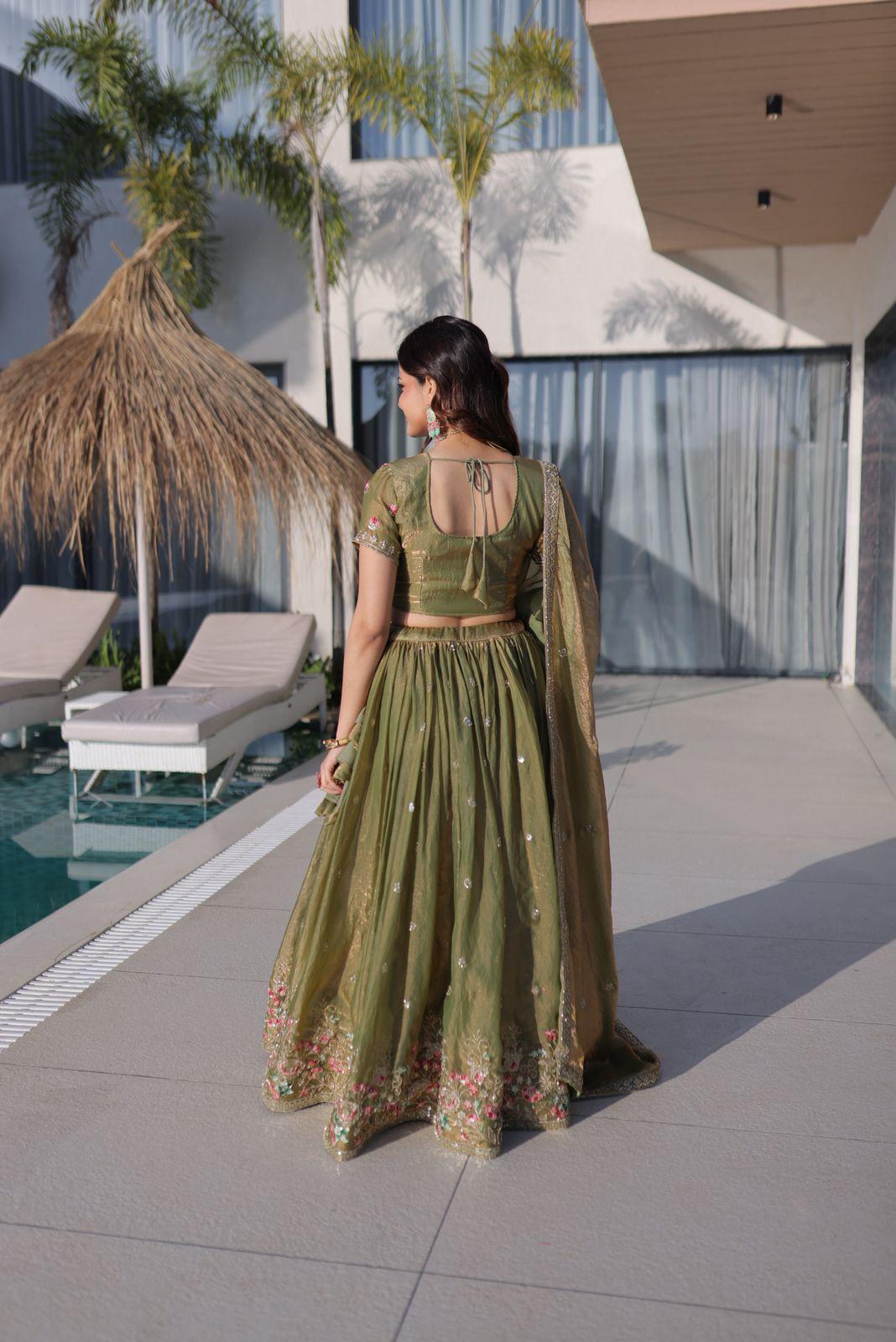 Fendi Silk Lehenga Choli Dupatta Set with Multi Thread Embroidery | Sky Blue & Pista Green