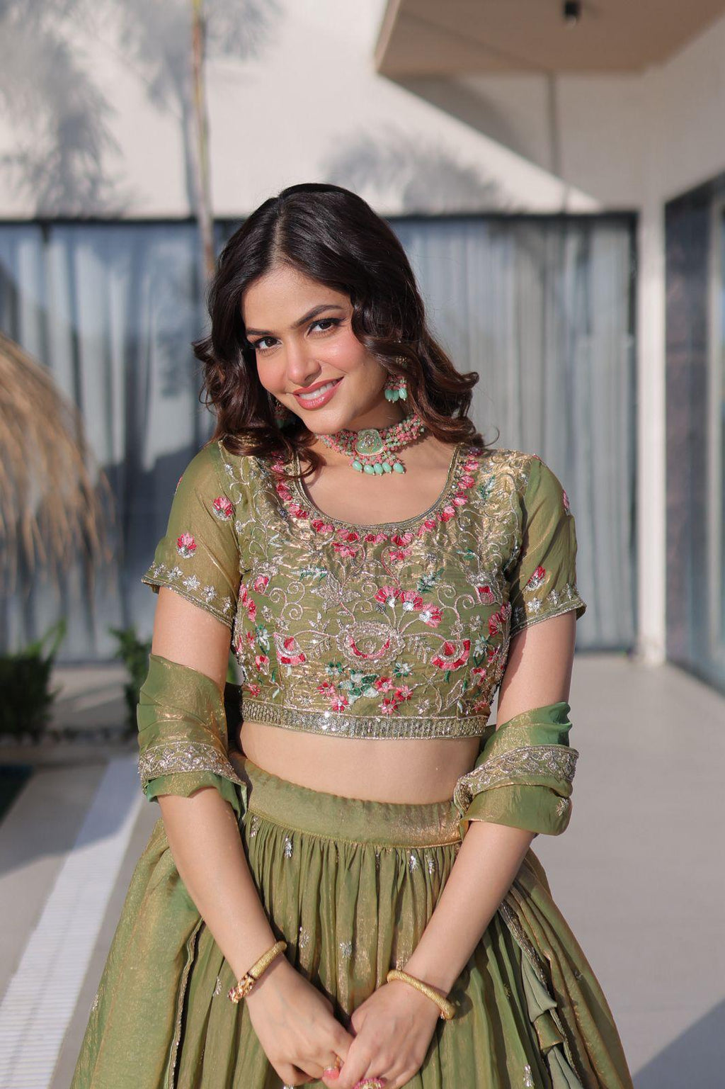 Fendi Silk Lehenga Choli Dupatta Set with Multi Thread Embroidery | Sky Blue & Pista Green