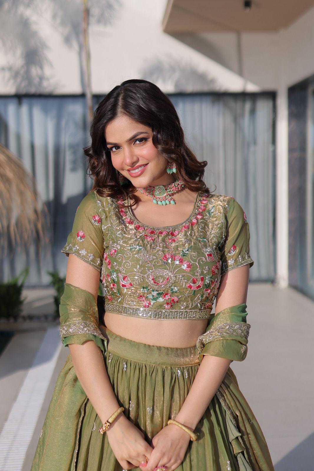 Fendi Silk Lehenga Choli Dupatta Set with Multi Thread Embroidery | Sky Blue & Pista Green