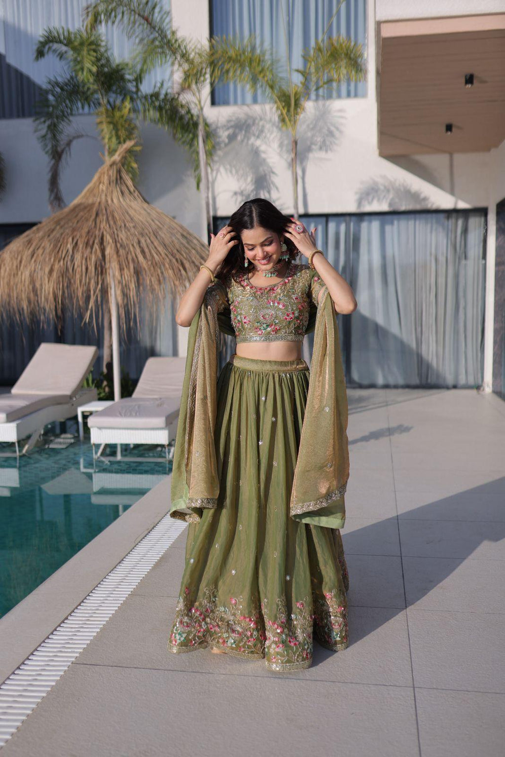 Fendi Silk Lehenga Choli Dupatta Set with Multi Thread Embroidery | Sky Blue & Pista Green