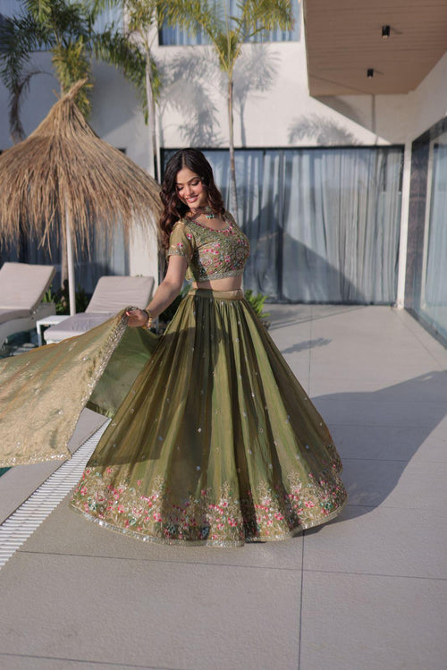 Fendi Silk Lehenga Choli Dupatta Set with Multi Thread Embroidery | Sky Blue & Pista Green