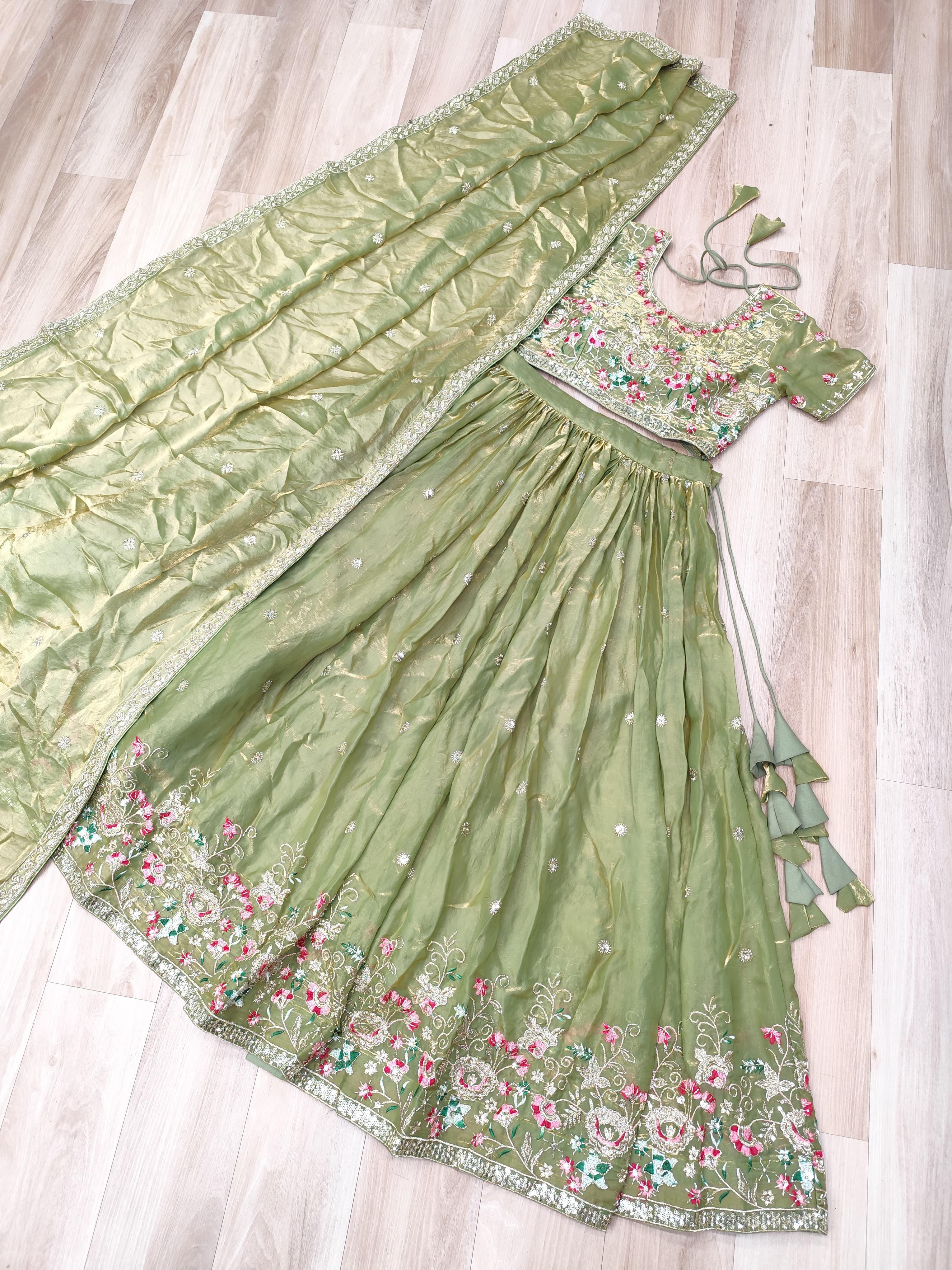 Fendi Silk Lehenga Choli Dupatta Set with Multi Thread Embroidery | Sky Blue & Pista Green