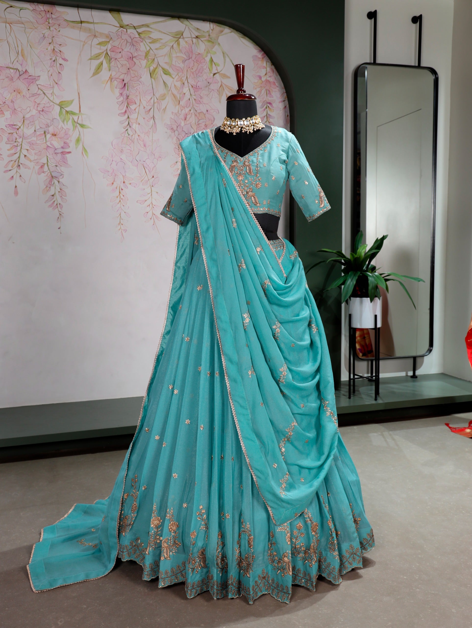 Aqua Star Georgette Lehenga Choli with Zari, Sequins & Resham Embroidery