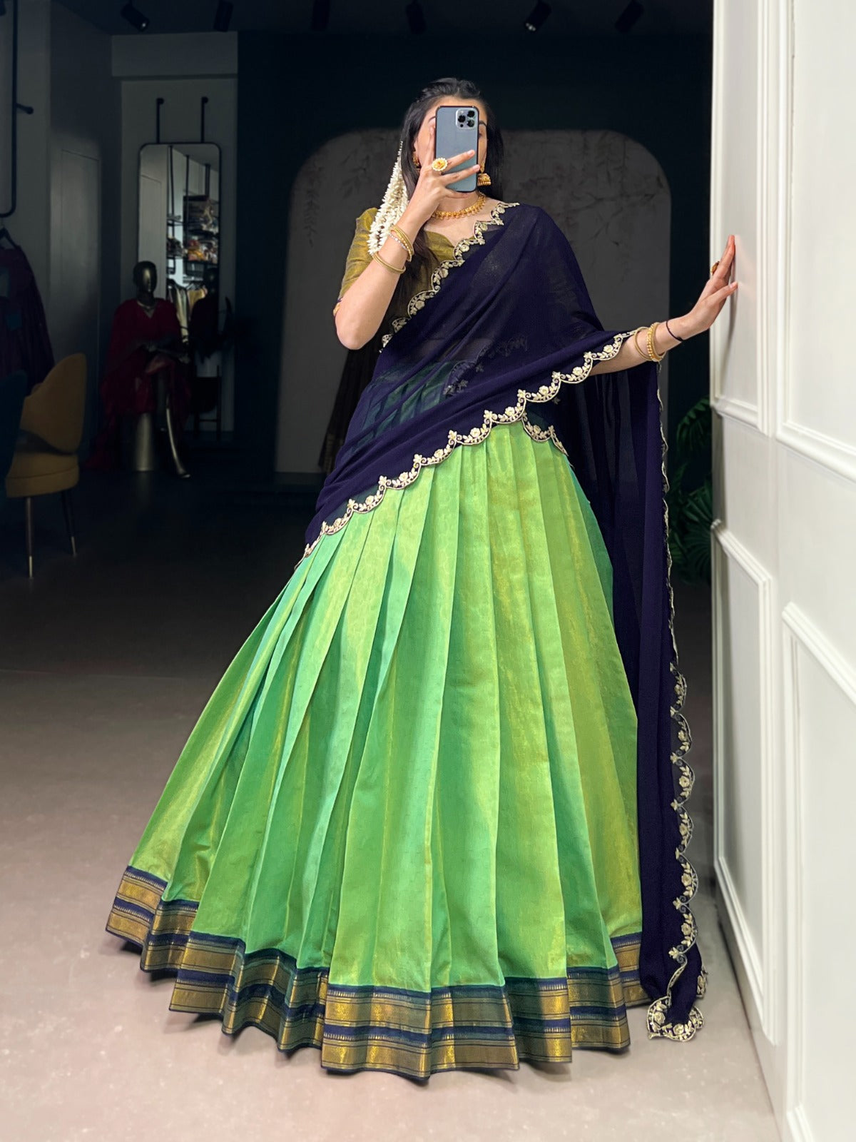 Kanchipuram Silk Half Sarees with Zari Weaving & Embroidered Dupatta