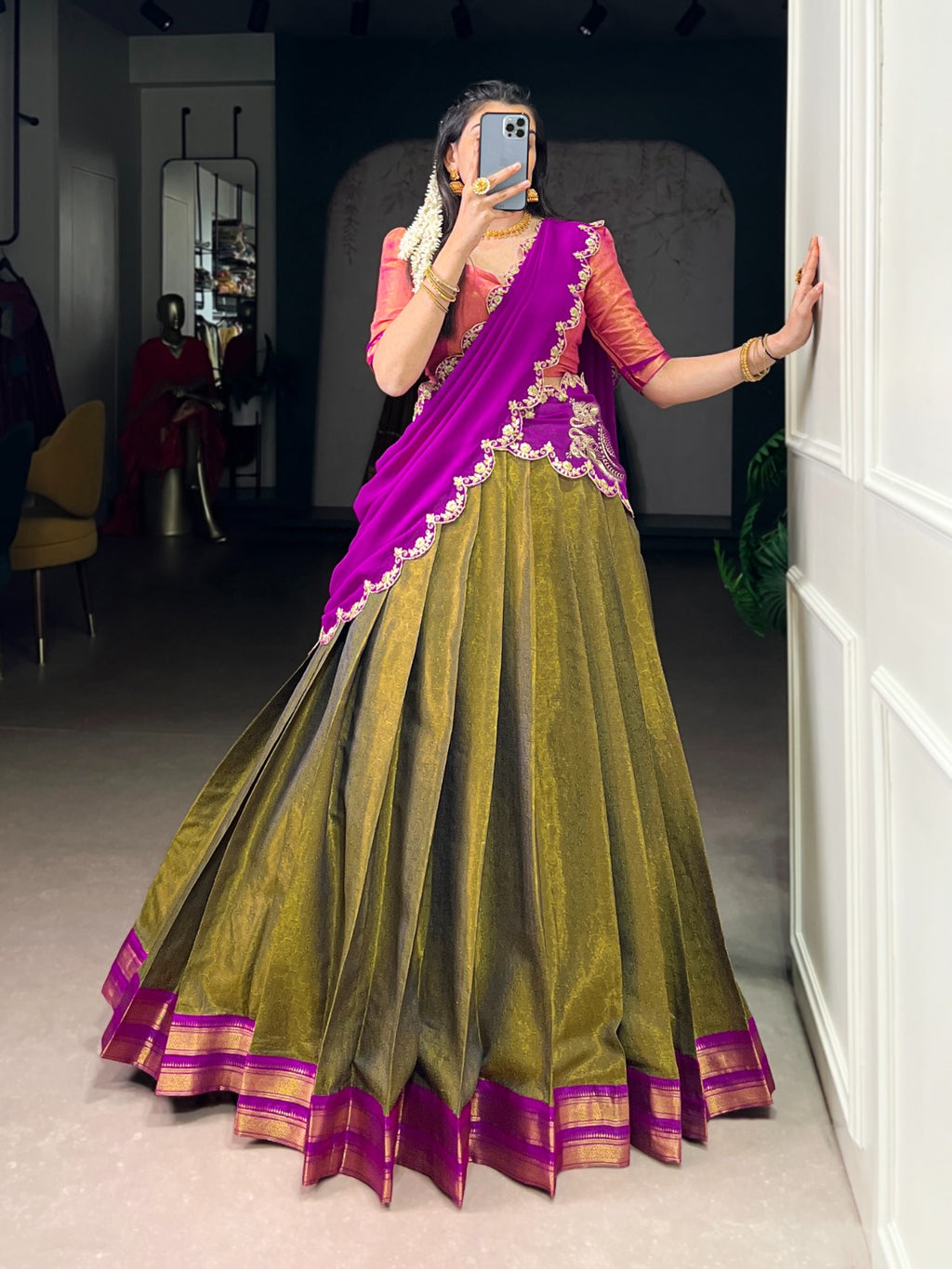 Kanchipuram Silk Half Sarees with Zari Weaving & Embroidered Dupatta