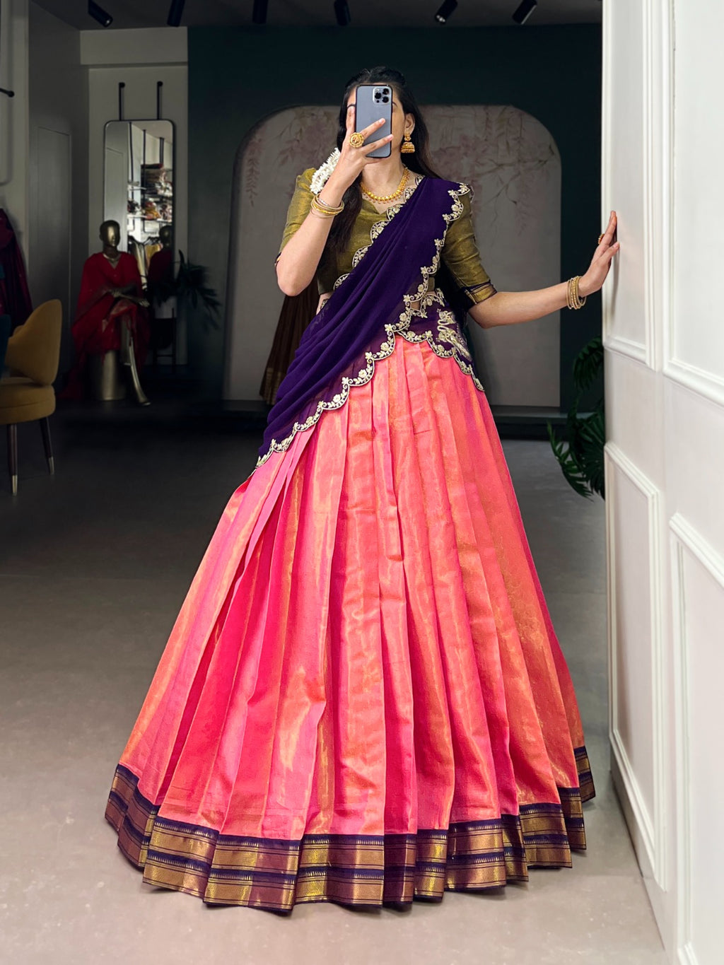 Kanchipuram Silk Half Sarees with Zari Weaving & Embroidered Dupatta