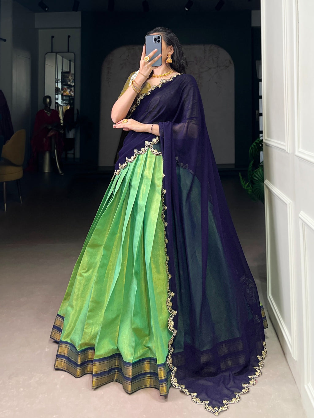 Kanchipuram Silk Half Sarees with Zari Weaving & Embroidered Dupatta