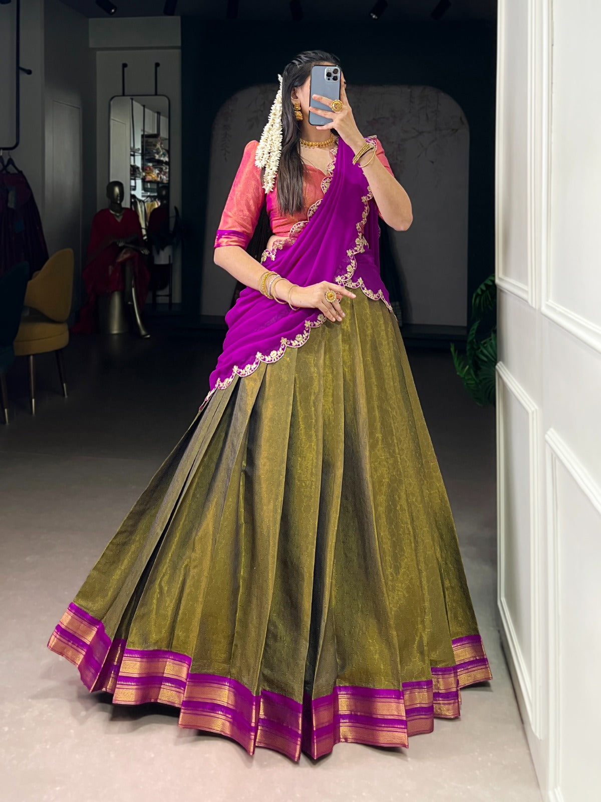 Kanchipuram Silk Half Sarees with Zari Weaving & Embroidered Dupatta