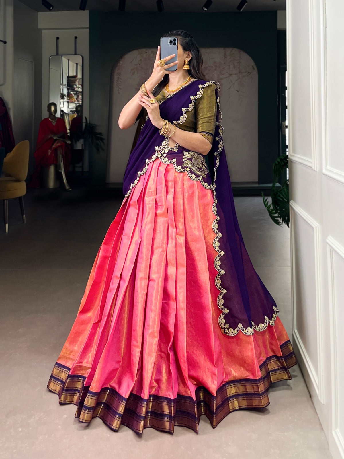 Kanchipuram Silk Half Sarees with Zari Weaving & Embroidered Dupatta