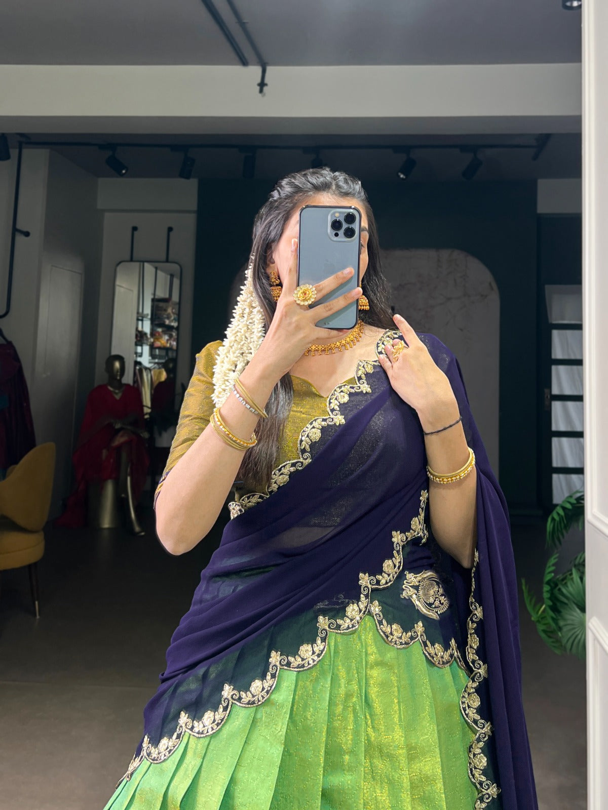 Kanchipuram Silk Half Sarees with Zari Weaving & Embroidered Dupatta