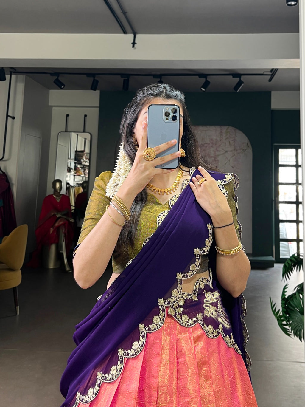 Kanchipuram Silk Half Sarees with Zari Weaving & Embroidered Dupatta