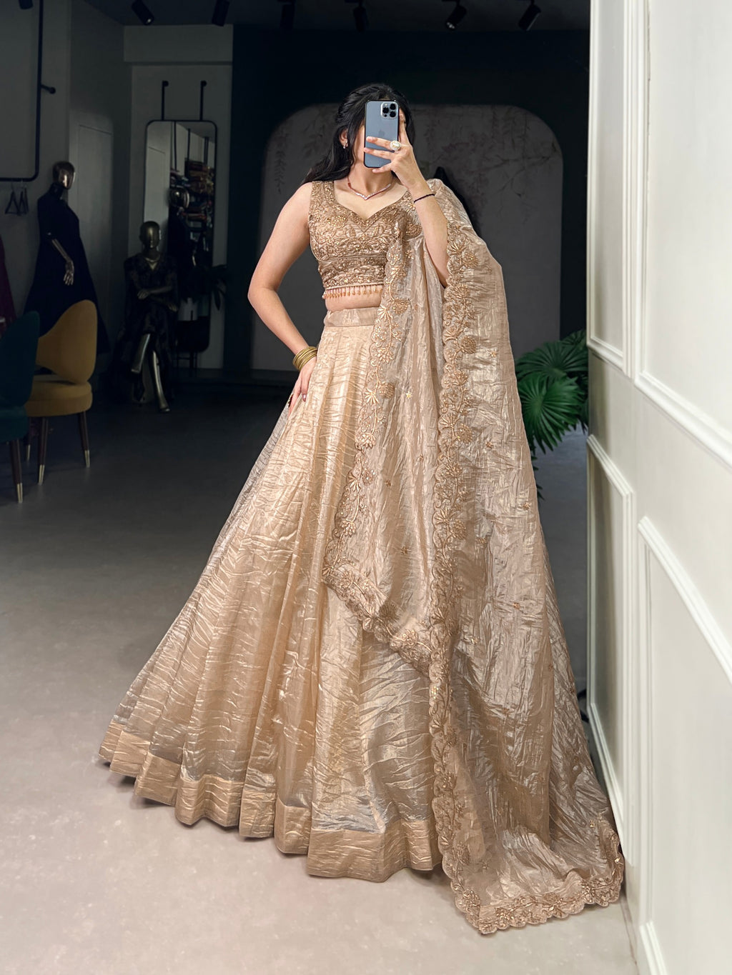 Gold Crush Lehenga Choli with Embroidered Blouse & Dupatta | 5 Meter Flair
