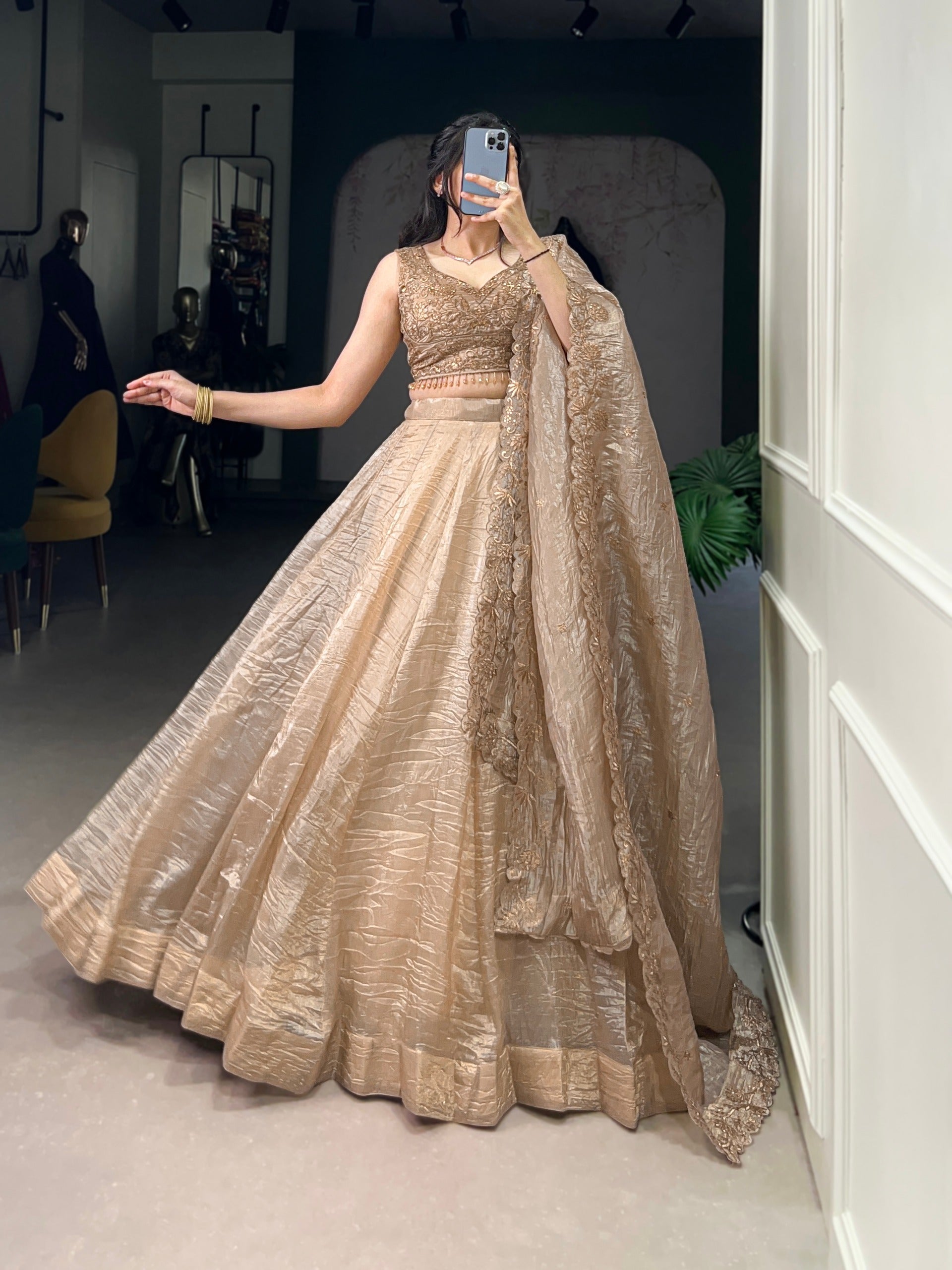 Gold Crush Lehenga Choli with Embroidered Blouse & Dupatta | 5 Meter Flair