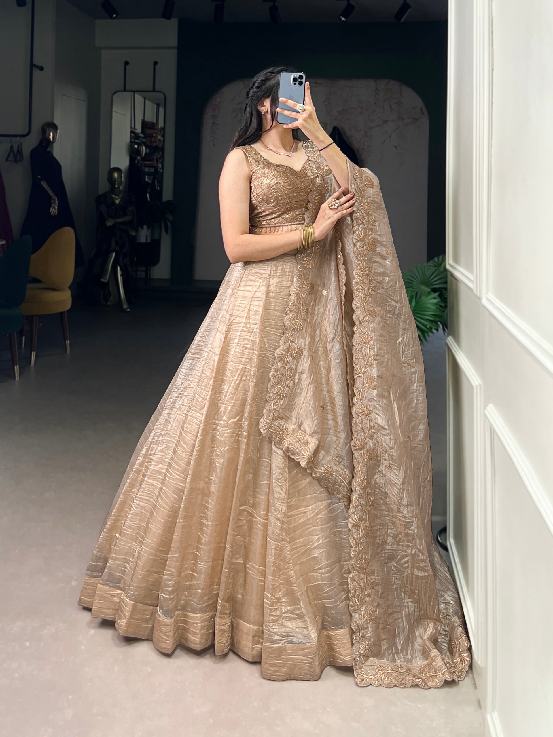Gold Crush Lehenga Choli with Embroidered Blouse & Dupatta | 5 Meter Flair