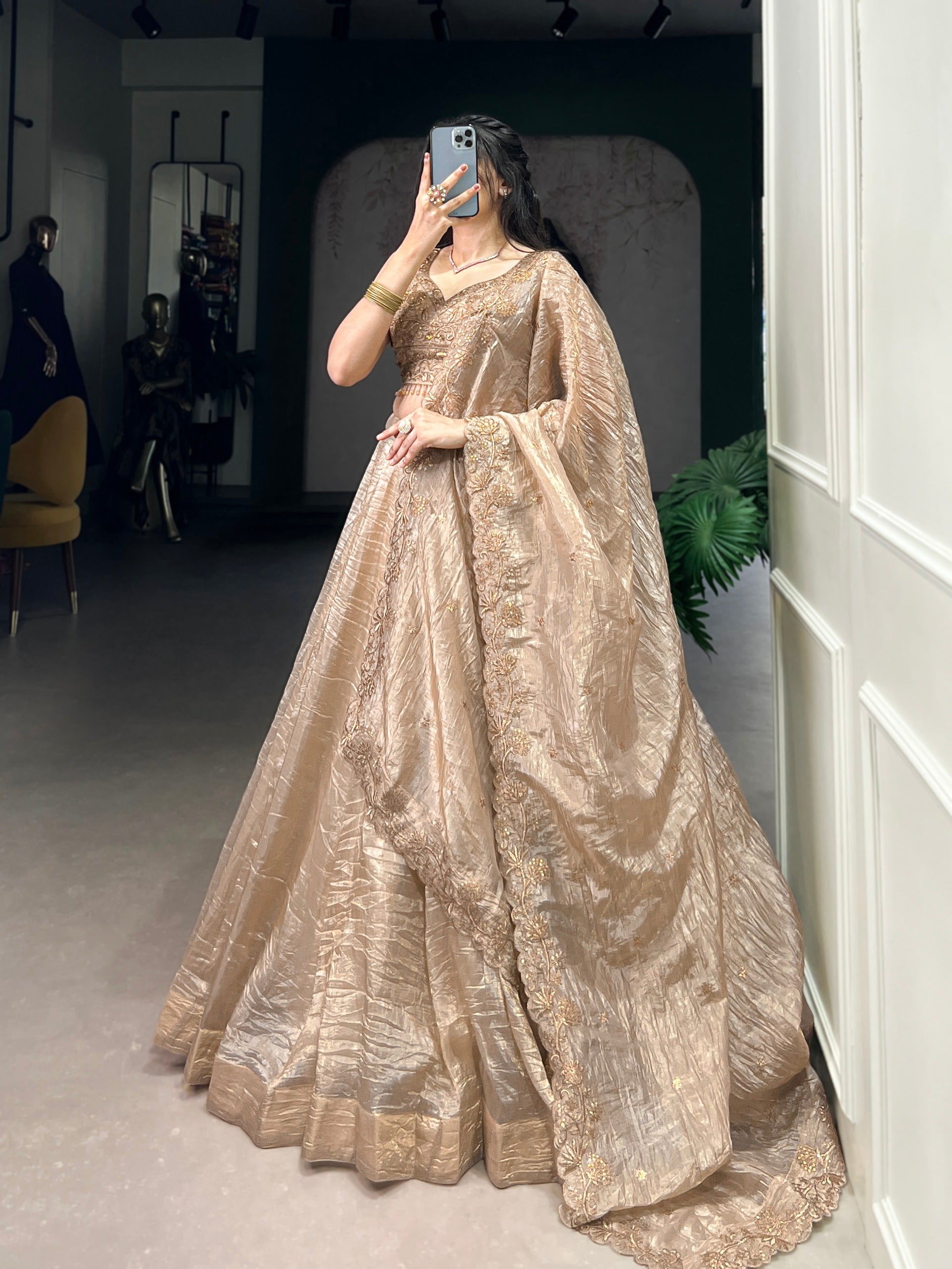Gold Crush Lehenga Choli with Embroidered Blouse & Dupatta | 5 Meter Flair