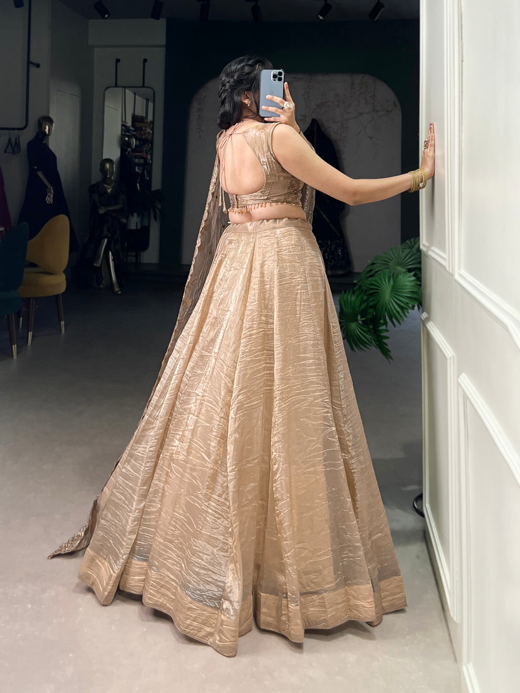 Gold Crush Lehenga Choli with Embroidered Blouse & Dupatta | 5 Meter Flair