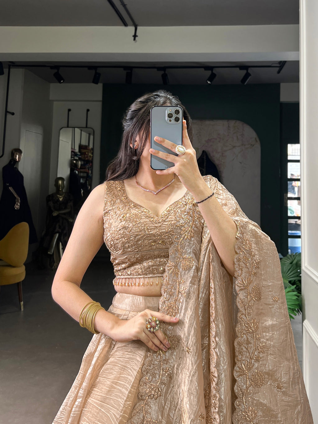 Gold Crush Lehenga Choli with Embroidered Blouse & Dupatta | 5 Meter Flair
