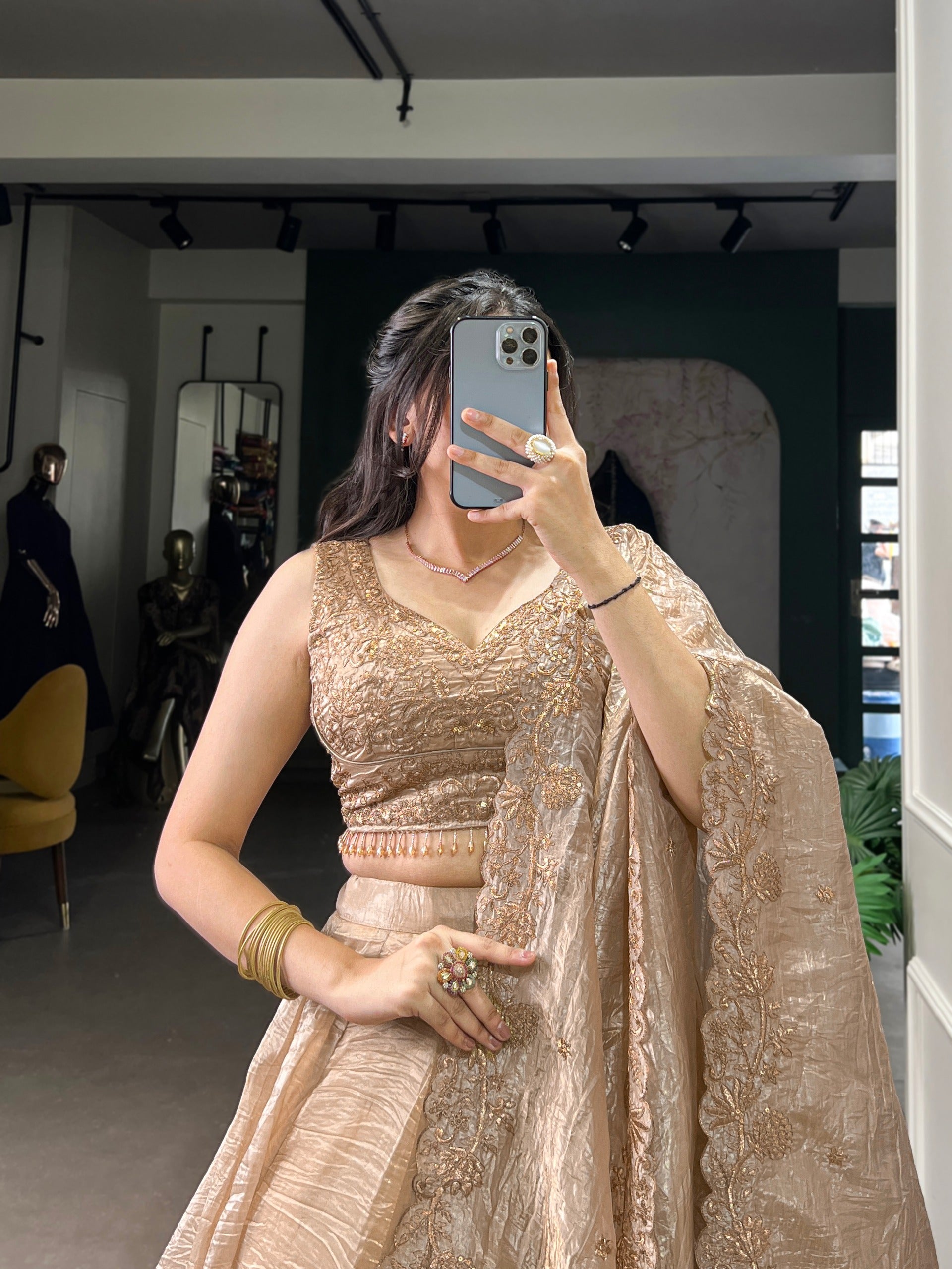 Gold Crush Lehenga Choli with Embroidered Blouse & Dupatta | 5 Meter Flair