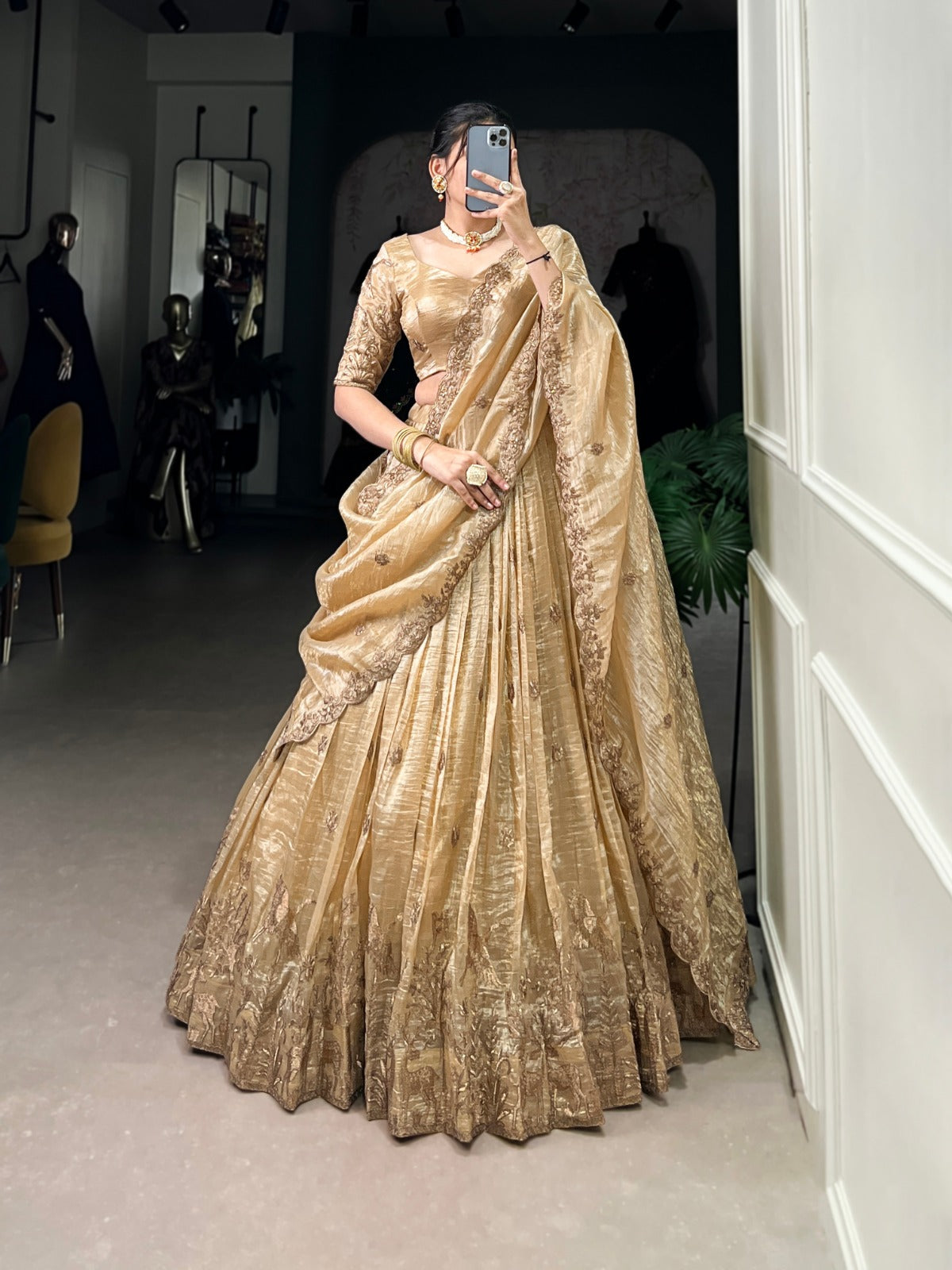 Gold Crush Lehenga Choli with Sequins & Thread Embroidery | Party & Wedding Wear