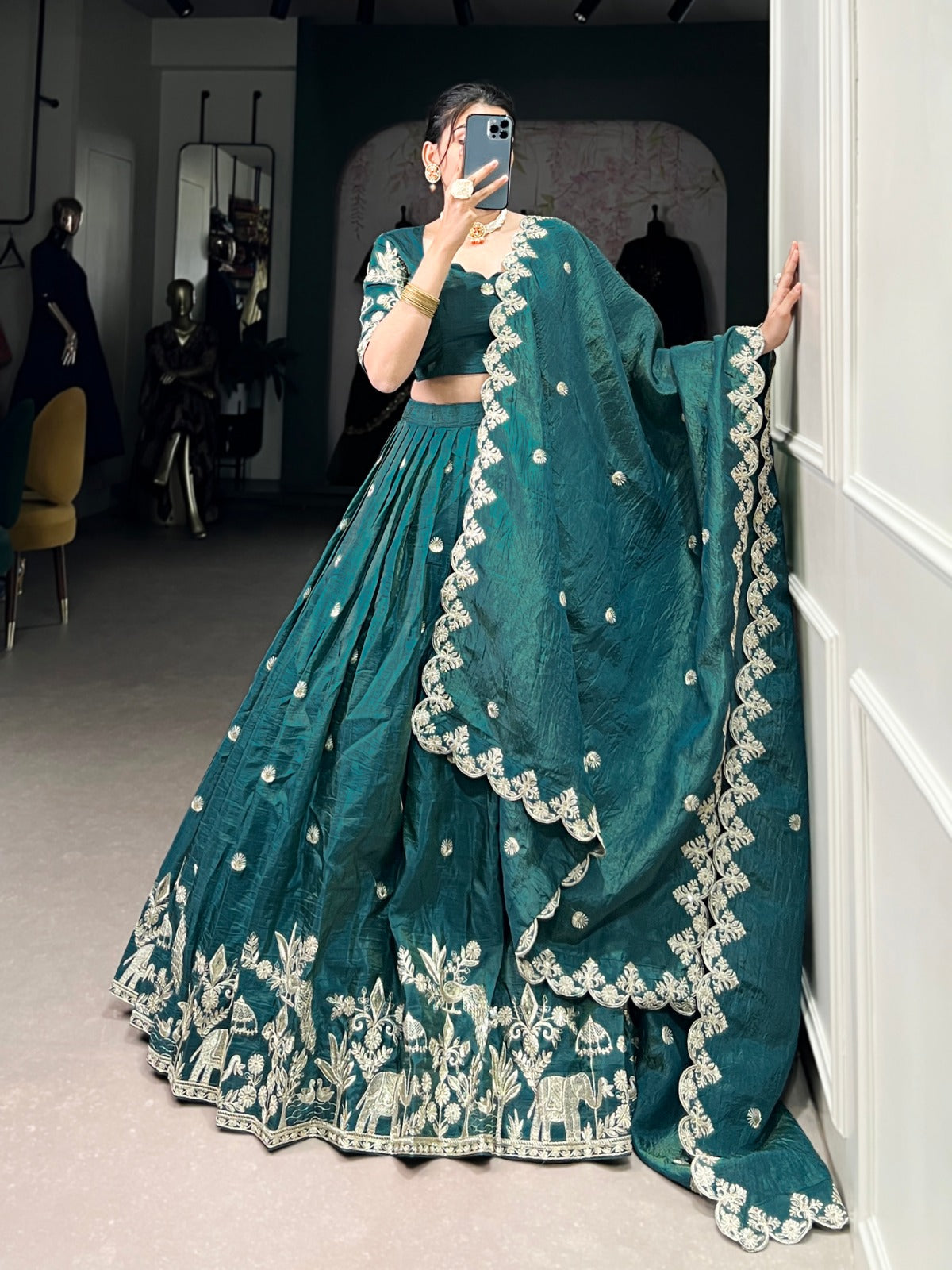Gold Crush Lehenga Choli with Sequins & Thread Embroidery | Party & Wedding Wear