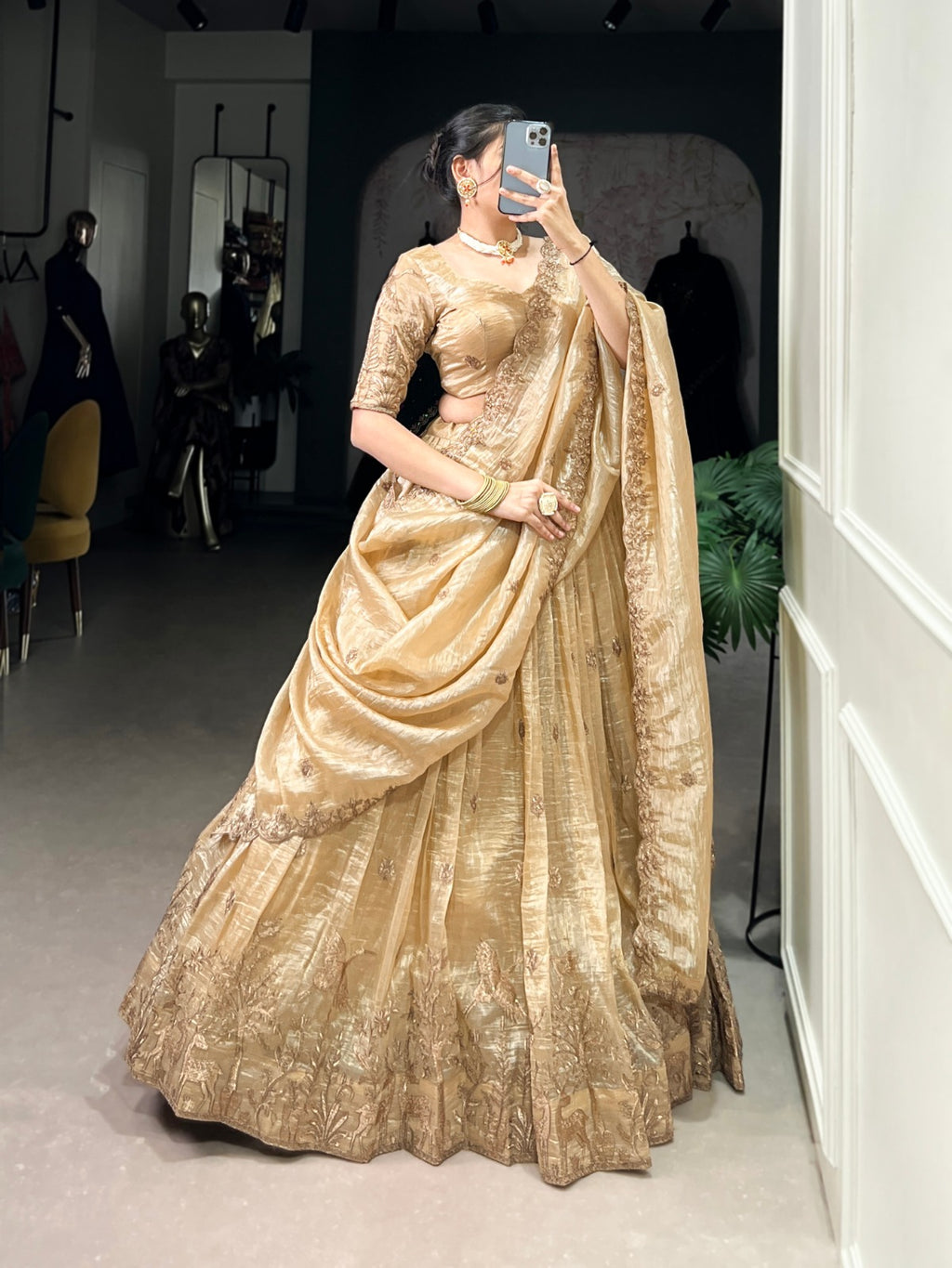 Gold Crush Lehenga Choli with Sequins & Thread Embroidery | Party & Wedding Wear