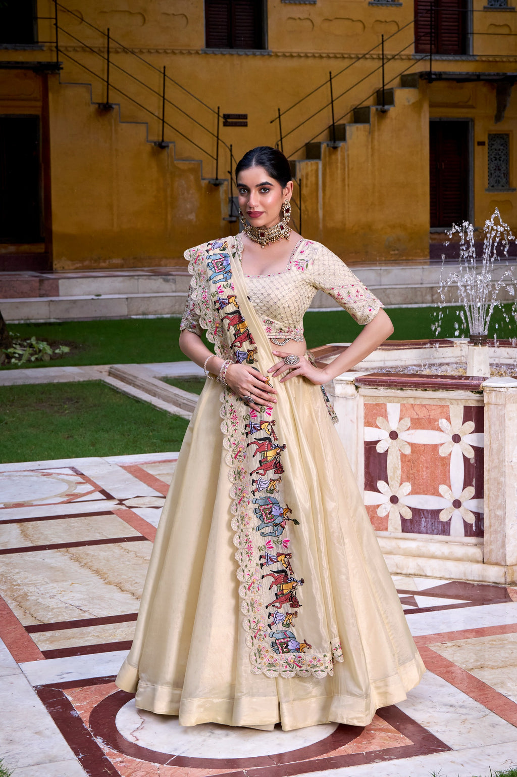Off White Raspberry Lehenga Choli with Sequins Embroidered Blouse & Dupatta