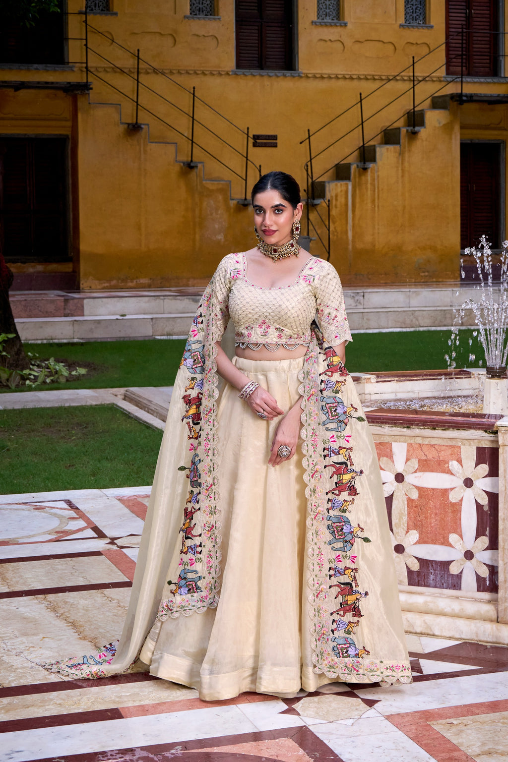 Off White Raspberry Lehenga Choli with Sequins Embroidered Blouse & Dupatta