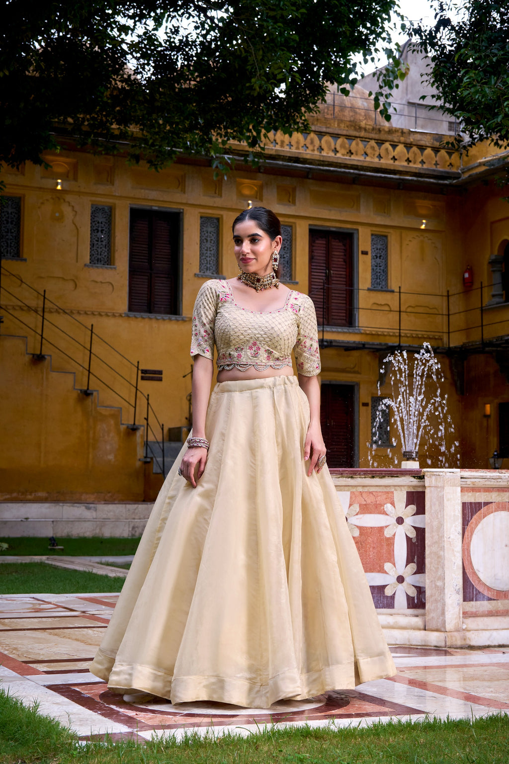 Off White Raspberry Lehenga Choli with Sequins Embroidered Blouse & Dupatta