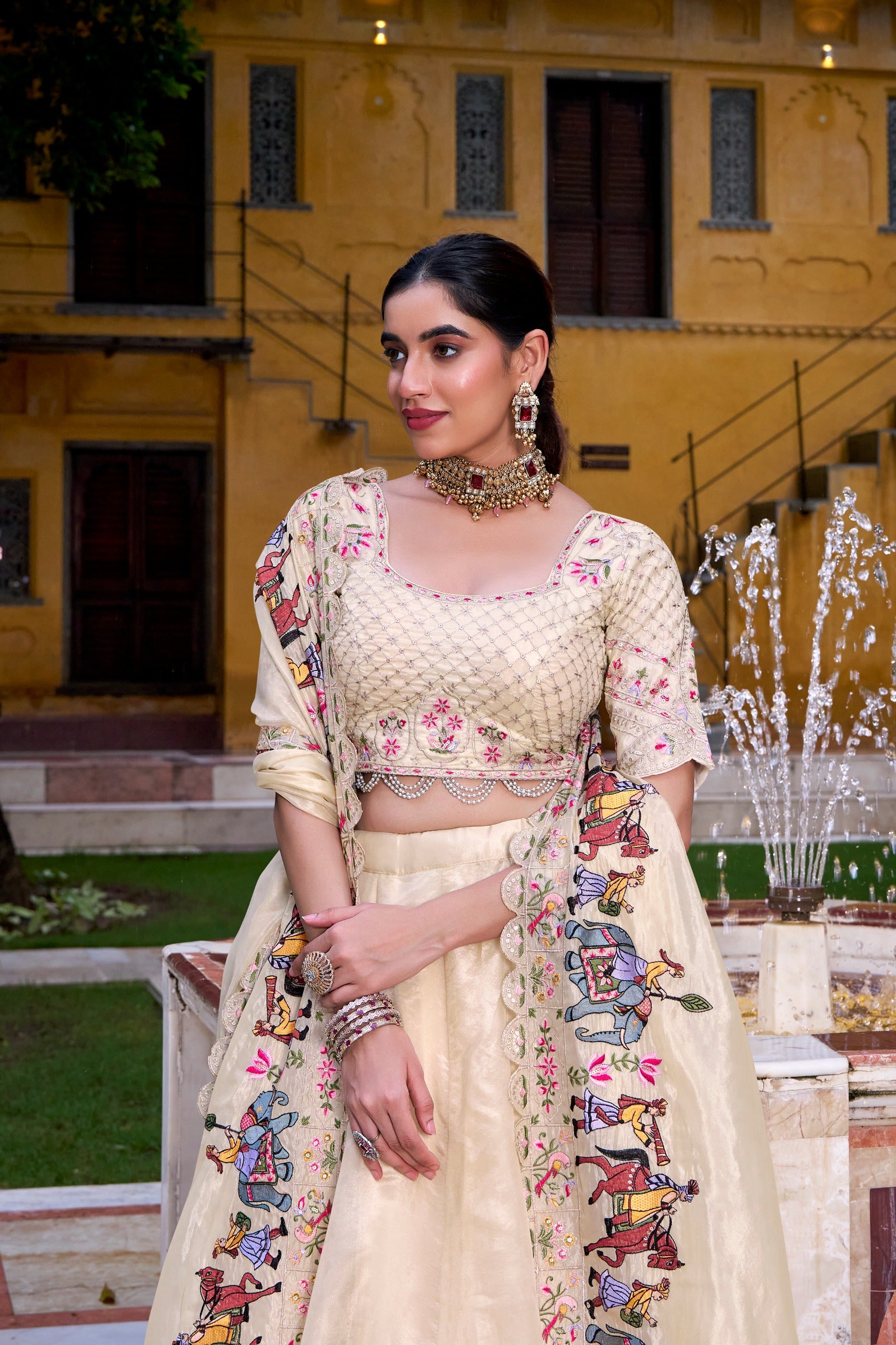 Off White Raspberry Lehenga Choli with Sequins Embroidered Blouse & Dupatta