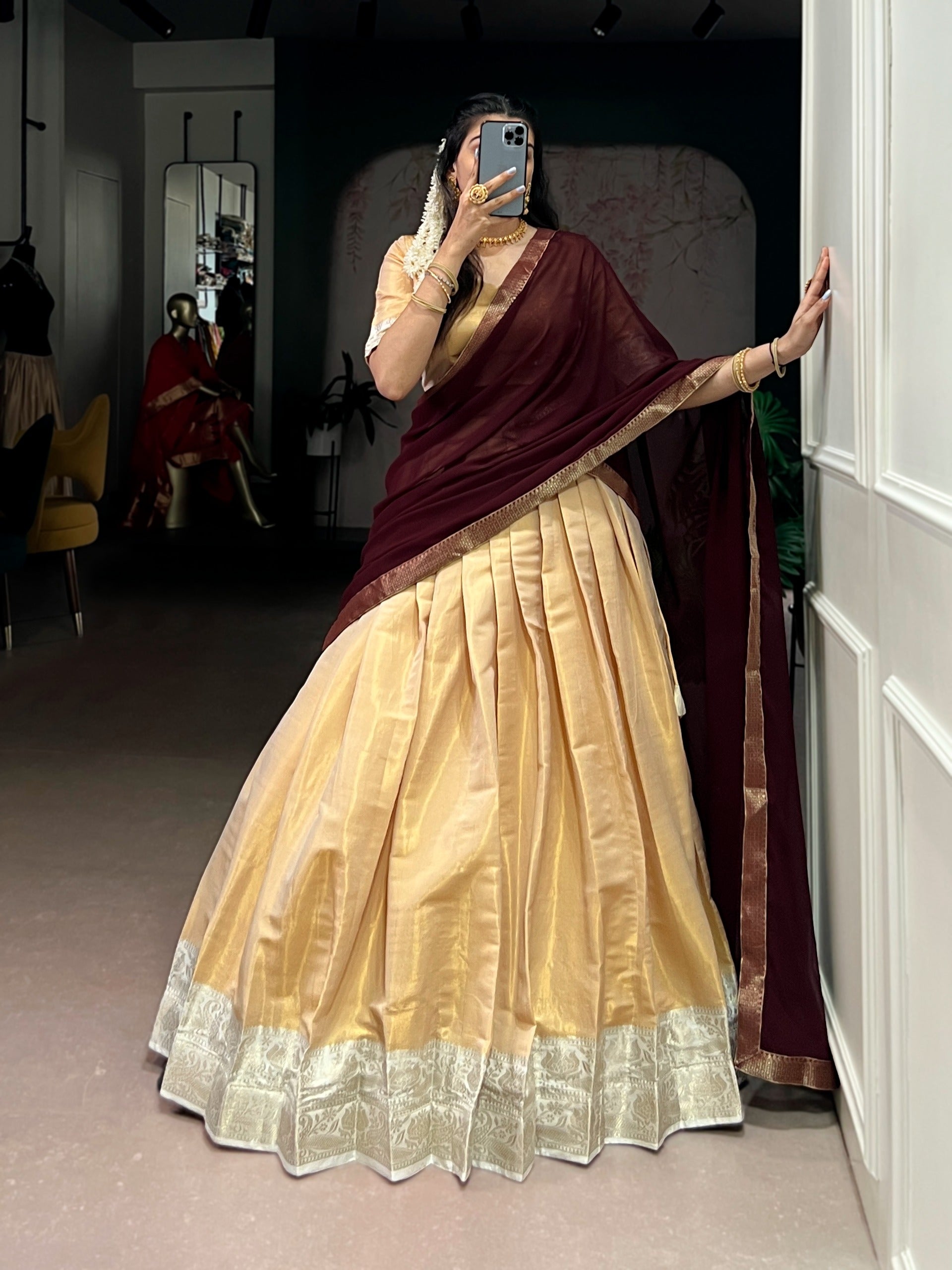 Kanchipuram Half Sarees with Zari Weaving | Traditional Silk Festive Wear