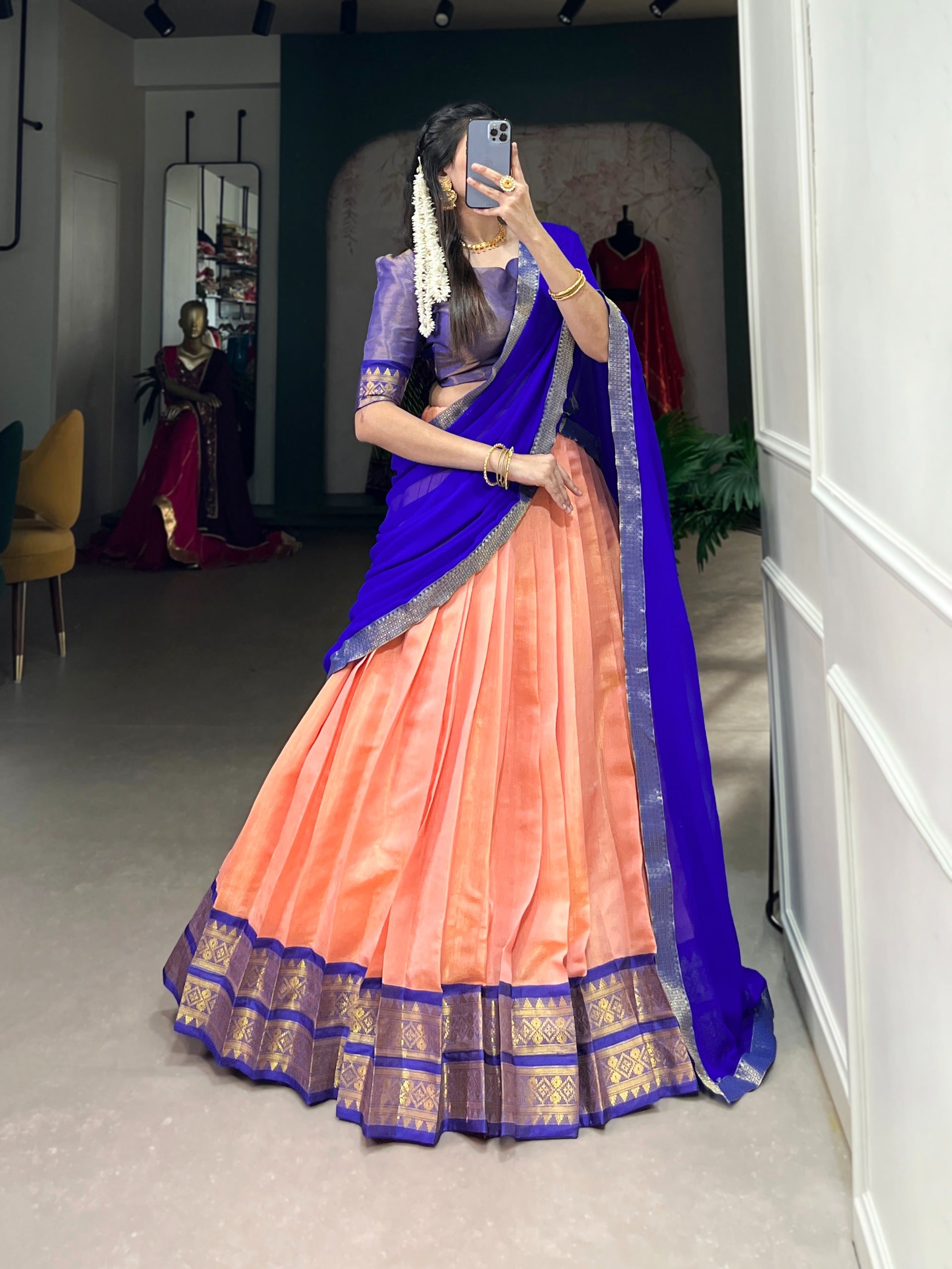 Kanchipuram Half Sarees with Zari Weaving | Traditional Silk Festive Wear