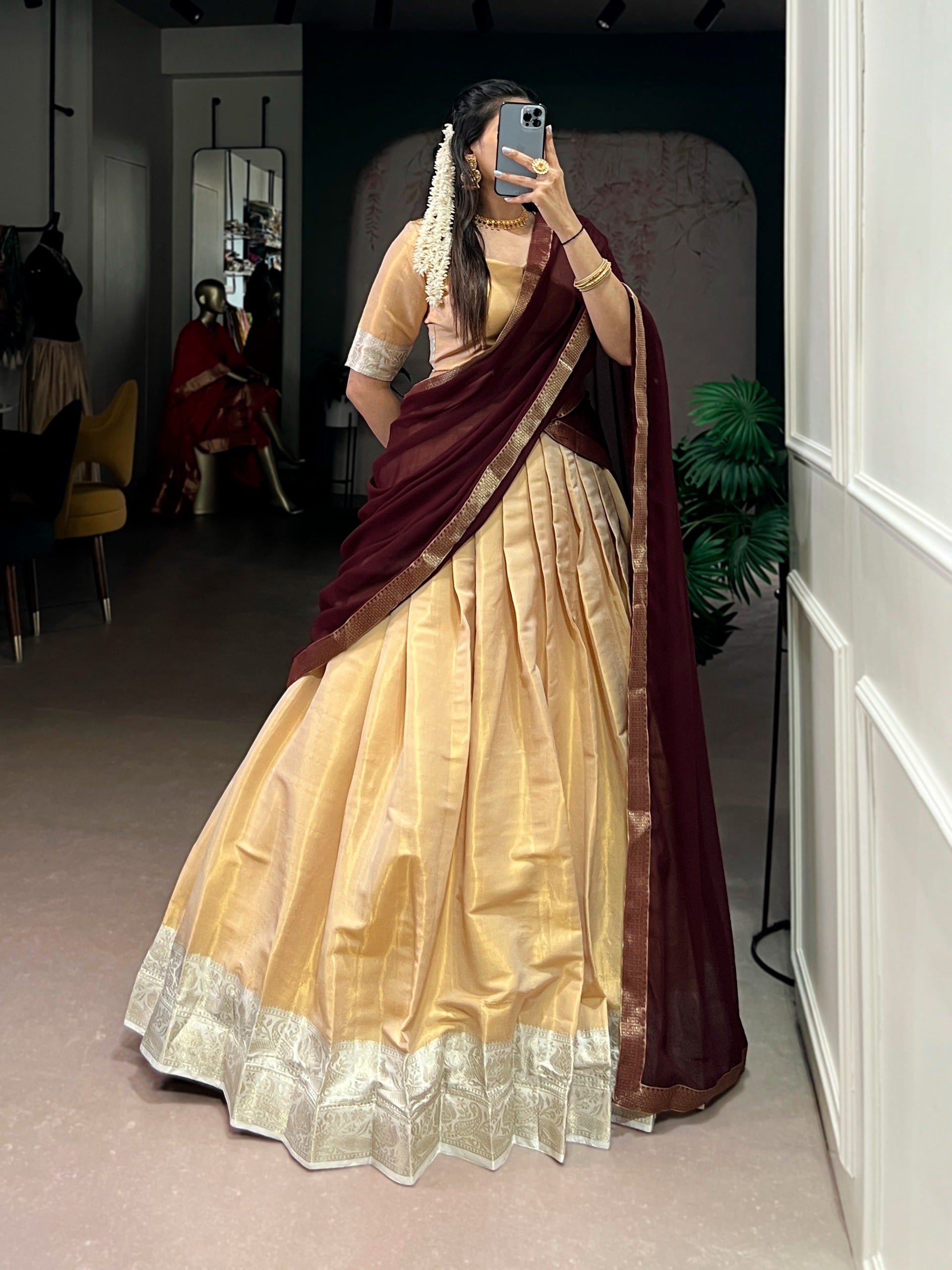 Kanchipuram Half Sarees with Zari Weaving | Traditional Silk Festive Wear