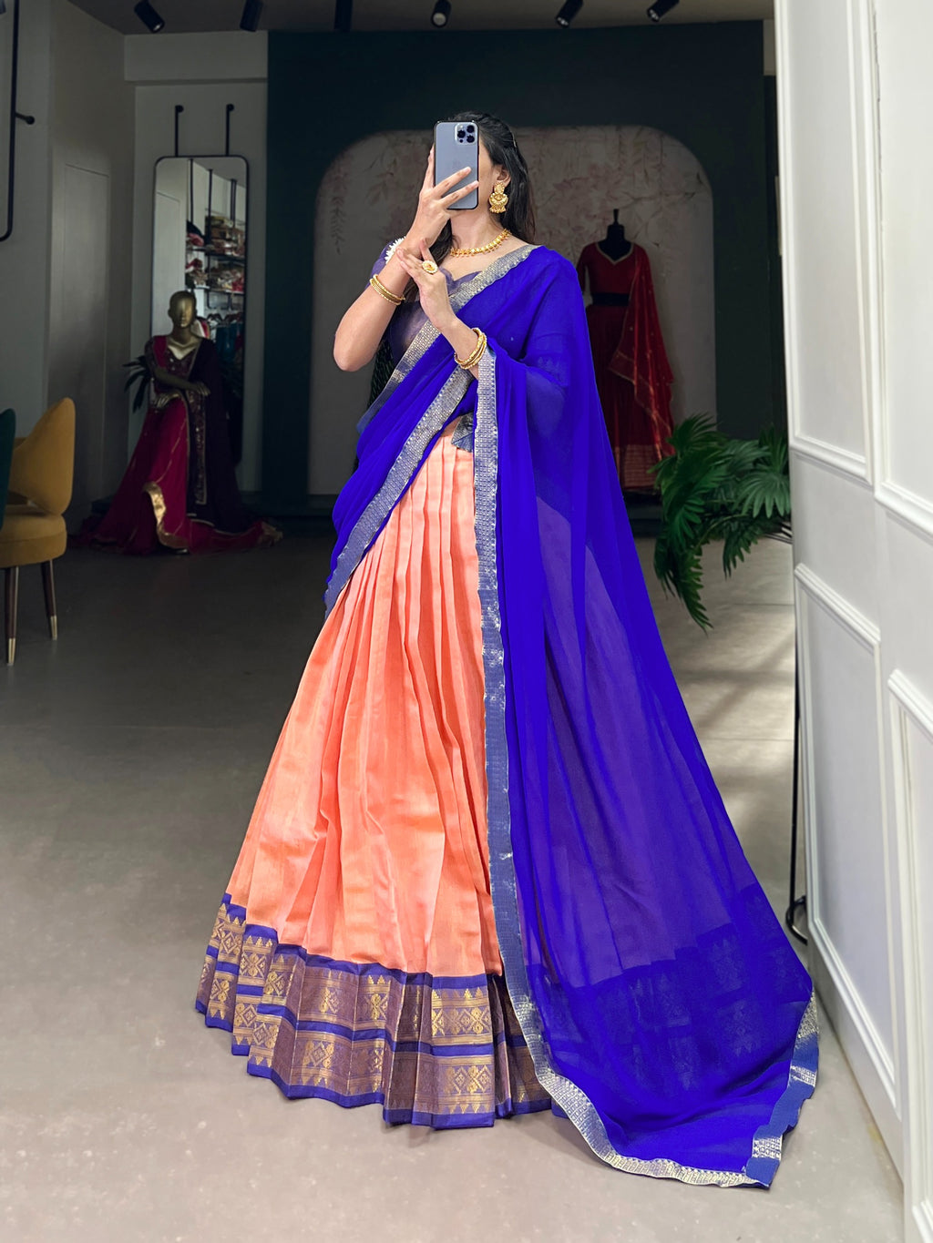 Kanchipuram Half Sarees with Zari Weaving | Traditional Silk Festive Wear