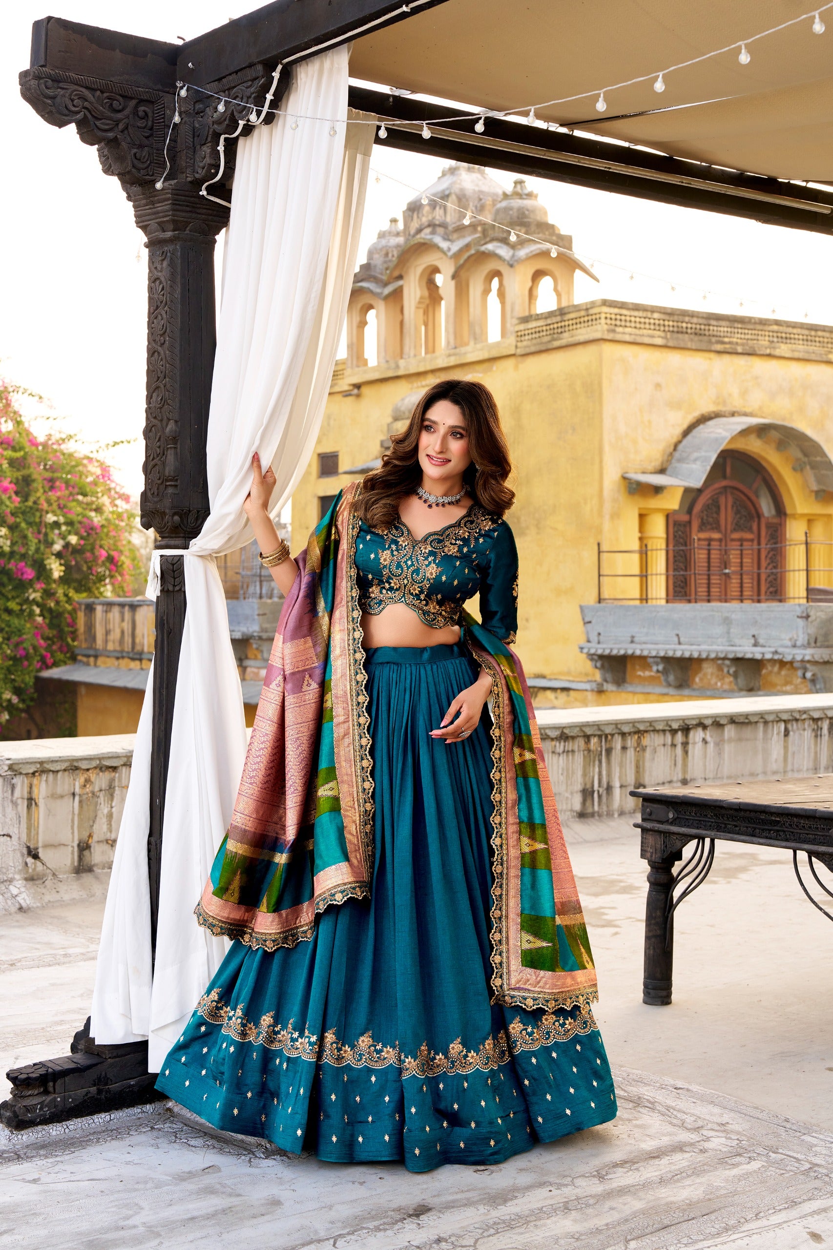 Vichitra Silk Lehenga Choli with Sequins & Thread Embroidery